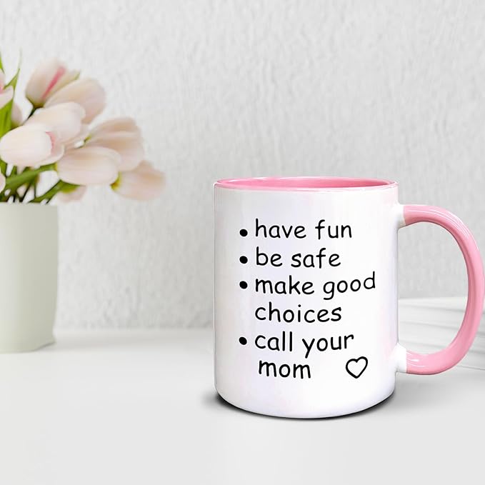 QASHWEY Funny Call Your Mom Coffee Mug, College Freshmen Students Graduation Gift, Call Your Mom Coffee Cups Ceramic 11 Ounce, College Gift Tea Mug Cup, Gifts for College Freshmen Girls Boys(Pink)