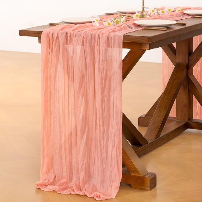 Socomi 6pcs Coral Peach Valentine's Day Cheesecloth Table Runner Boho Rustic Gauze 120 inch 10FT Cheese Cloth Runner for Wedding Party Baby Shower Birthday Home Decor Holiday Decorations