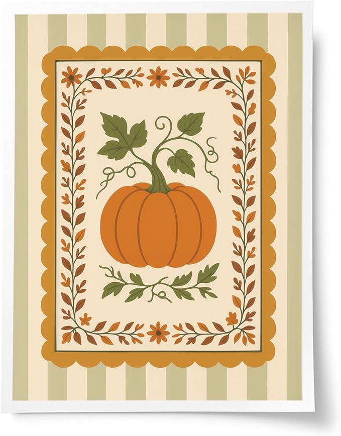 Pumpkin Harvest Wall Art – Vintage Fall Botanical Canvas Print – Autumn Farmhouse Decor with Green Stripes – Thanksgiving Pumpkin Illustration Poster 12x16inch-Unframed
