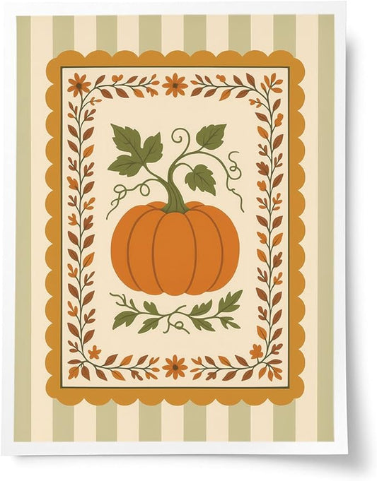 Pumpkin Harvest Wall Art – Vintage Fall Botanical Canvas Print – Autumn Farmhouse Decor with Green Stripes – Thanksgiving Pumpkin Illustration Poster 12x16inch-Unframed