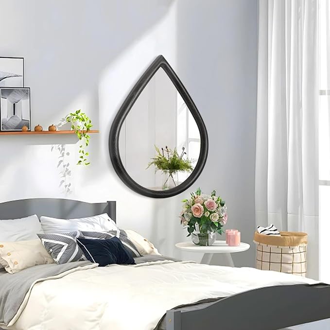 Teardrop Wall Mirror with Wood Frame Rustic Wall Mirror Black Farmhouse Unique Irregular Wall Hanging Mirrors for Bathroom Living Room Hallway Wall Decor
