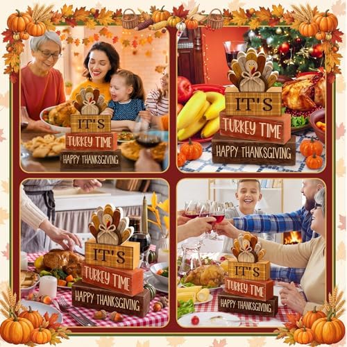 Moucuny 4 Pcs Thanksgiving Table Decorations Wooden Turkey Tiered Tray - Image 5