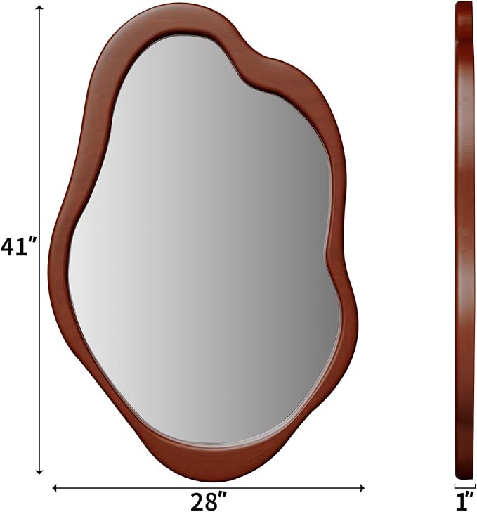 41''x 28' 'Wavy Cloud Mirror Irregular Wall Mirror with Wood Frame, Modern Decorative with Hanging Hooks, Asymmetrical for Bedroom Living Room Entryway Walnut Color