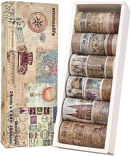 24 Rolls Vintage Washi Tape Set, Antique Car Buildings Map Stamp Stripe Writable Aesthetic Washy Decorative Tapes for Scrapbooking, Junk Journal Supplies, Bullet Journaling 5-75mm Wide (3m Long)/Roll by emmoolife