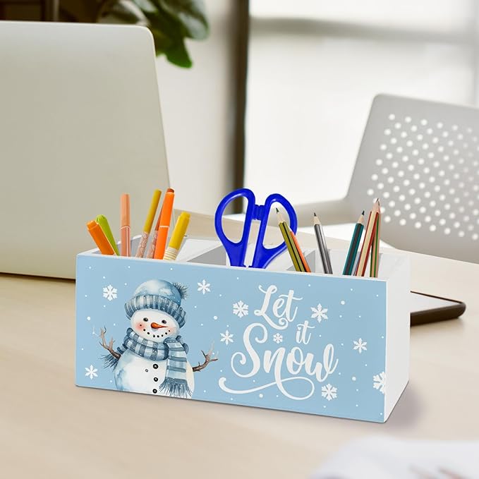 Blue Snowman Christmas Pen Pencil Holder Organizer for Desk Accessories, Snow Winter Christmas Wooden Box Sign Desk Decor for Home Office Decoration