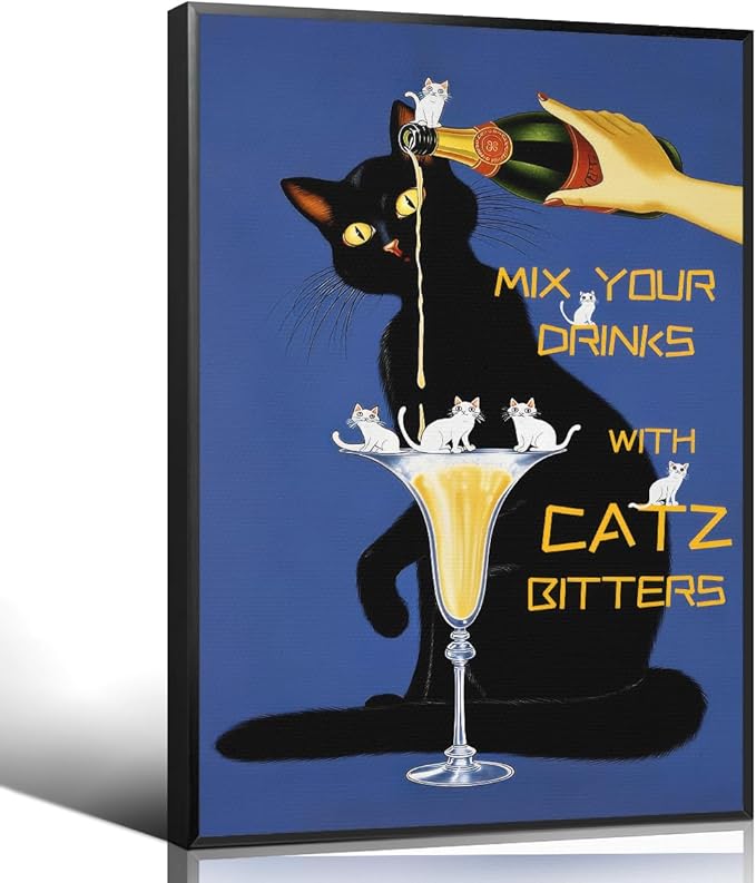 Black Cat Canvas Wall Art, Classic Mix Your Drinks with Catz Bitters Poster, Trendy Liquor Beverage Picture Kitchen Bar Cart Wall Decor, Funky Pub Man Cave Alcohol Themed Print 16x24in Framed