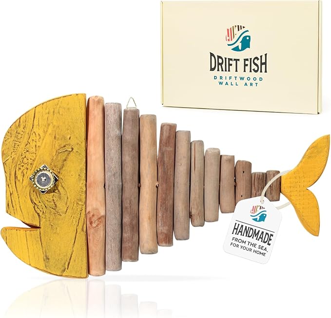 Mint Bucket Brands Driftwood Fish Nautical Wall Decor - 18" x 10" Handmade Wooden Rustic Coastal Wall Art for Living Room, Bedroom, Office, Bathroom - Ocean Beach Decoration (Goldie)