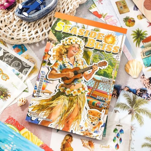 PRSTINCOL Summer Beach Stickers Book,50 Sheets Vintage Ocean Sticker Book for Journaling Scrapbooking,8.3x5.5 Inch Aesthetic Surf Stickers for Adults Crafts by PRSTINCOL