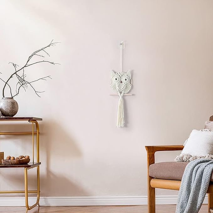 Owl Ivory Cotton Handmade Macrame Wall Hanging Tapestry Home Decor Art and Beige Craft Wonderful Decoration Woven Boho Ornament for Office Bedroom Apartment Living Room Cream Nursery