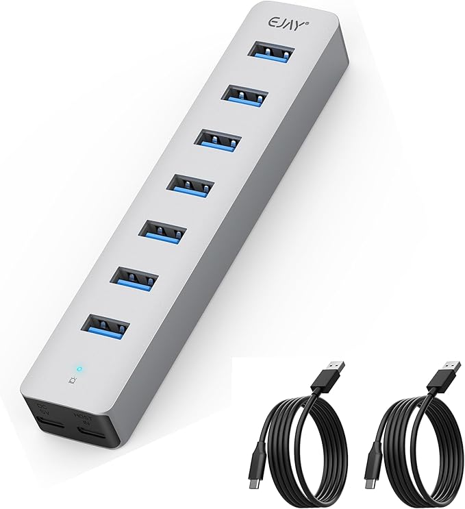 7 Ports USB Hub, Aluminum Multiport Desktop USB Adapter Powered USB Splitter for Laptop, Mobile Phones, PC, PS4 and Other USB Devices(3.3Ft Data Cable+3.3Ft Charging Cable)