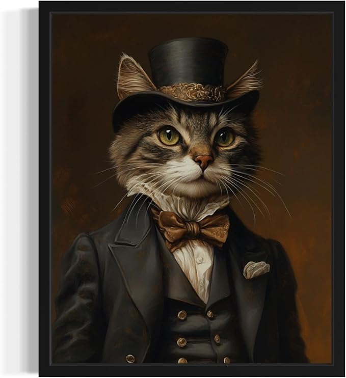 Victorian Art Poster Print, Cat Kitten Painting Humor Portrait Pet Artwork Decor Gallery A8 (Victorian Cat, 8 x 10 inches, Black Frame)