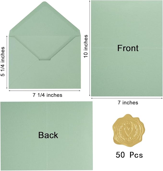 50 Pack Sage-Green A7 Envelopes with Cards 5x7 Thick Folded Cardstock and Gold Stickers for Greeting Cards, Wedding, Birthday, Invitations, Baby Showers (Sage-Green, 5x7)