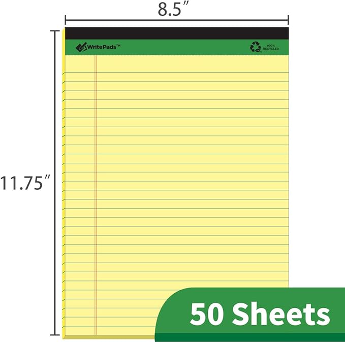 KAISA Yellow Legal Pads 12pads Writing Pads Recycled Paper 8.5"x11.75" Wide Ruled Perforated 50 sheets Hard Back Notepads 8-1/2"x 11-3/4" Writing Tablet Canary For Office Supplies (Pack of 12pc) KSU-5668
