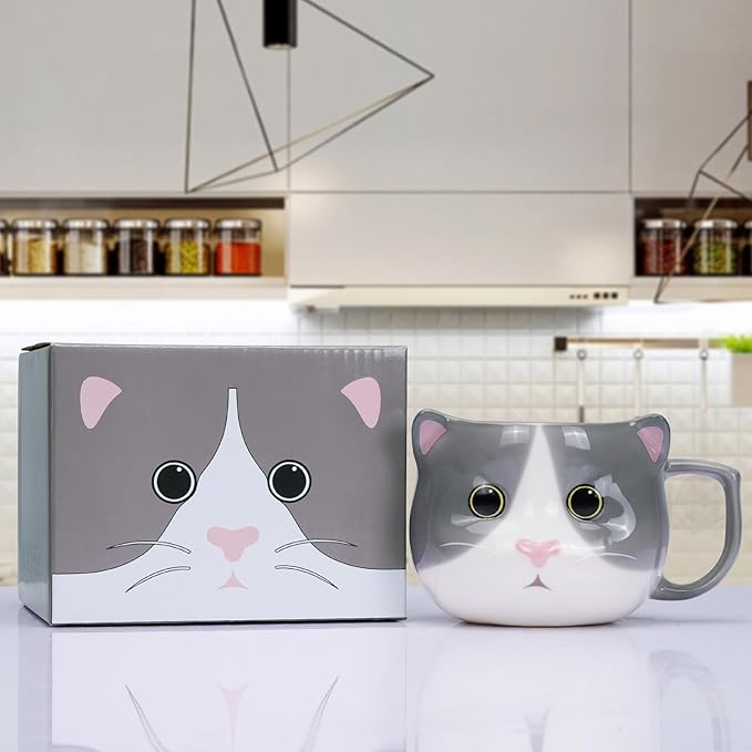 Cat Mug 14 oz Cute Ceramic 3D Porcelain Tea Cup for Women, Kawaii Gifts for Cat Lovers, Christmas, Housewarming, Holiday, Birthday Gifts for Women, Mom, Kids, Men and Friends