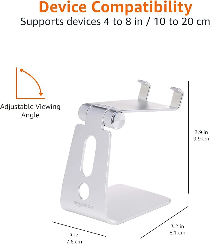 Amazon Basics Adjustable Aluminum Phone Stand for Cell Phones, iPhone and Android, 3.15 x 2.87 x 3.74 inch, Silver