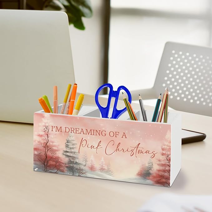 Pink Winter Christmas Pen Pencil Holder Organizer for Desk Accessories, Rustic Xmas Winter Pine Tree Landscape Wooden Box Sign Desk Decor for Home Office Decoration, Pink Christmas Decor