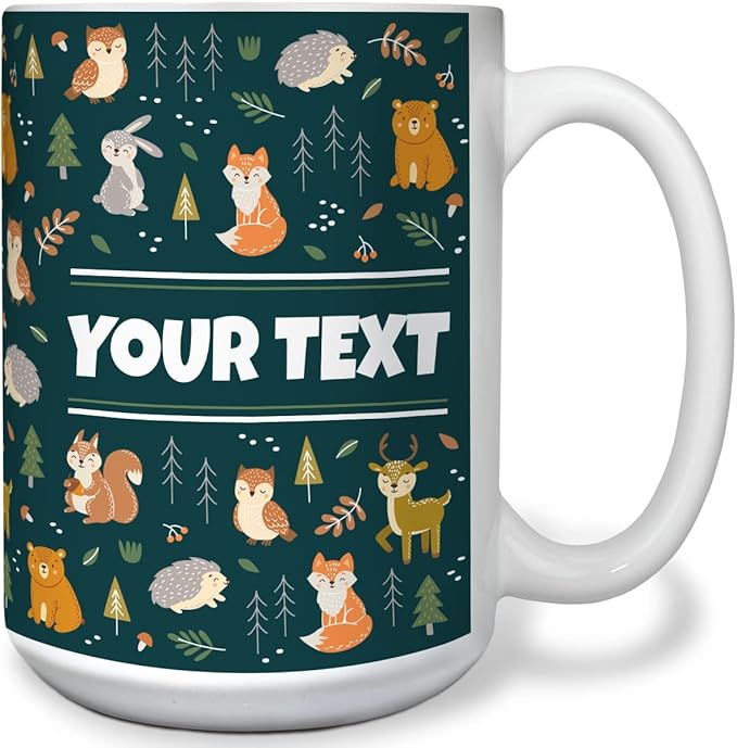 Personalized Mug for Kids - Woodland Animals - Custom Name/Text, Ceramic Hot Chocolate/Coffee Cup for Boys/Girls, Birthday/Christmas/Holiday Gift - 15 oz, Light Blue Handle