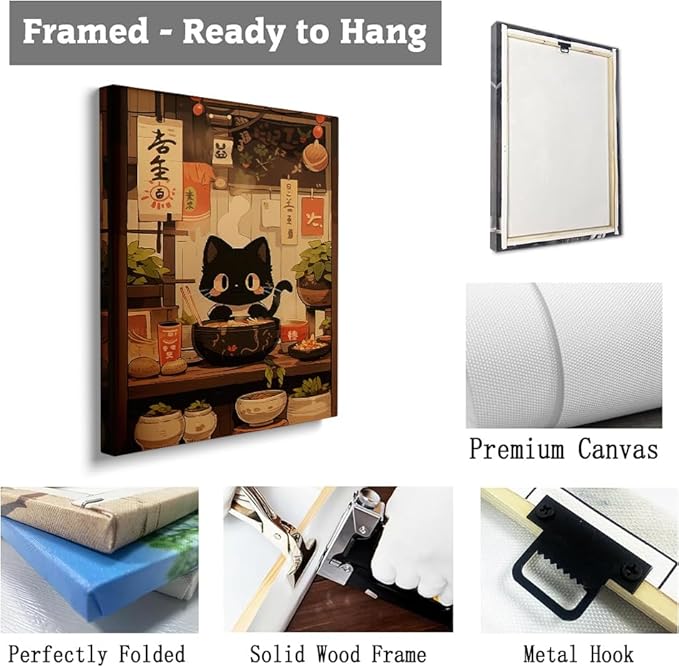 Noodle Black Cat Poster,Tonkine Cat Print,Edo Period Ramen Noodles Art,Ramen Stall Print,Vintage Ramen Print,Japan Black Cat Poster,Eating Hungry Cat For,Kitchen Wall Art16x24 Framed