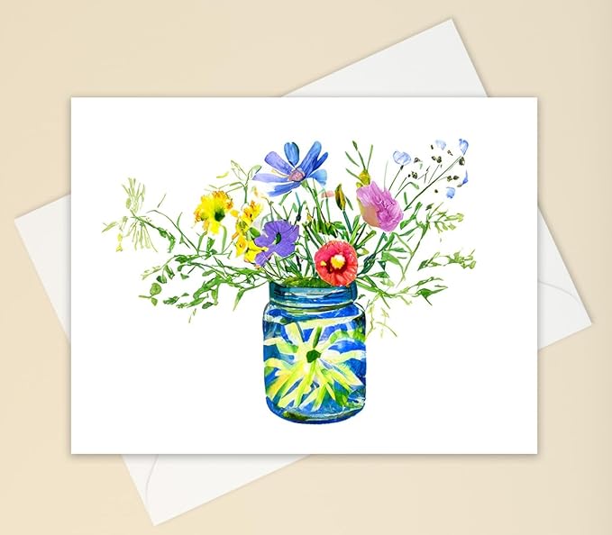 Wildflower Bouquet Greeting Cards, Set of 10 all occasion 5x7 note cards with Evelopes Blank Inside. Colorful Flowers in Vase Designs.