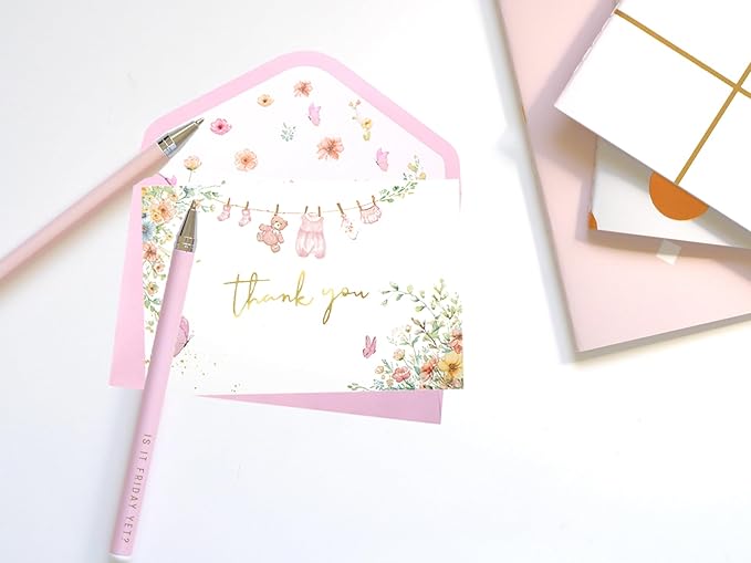 50 Pack Pink Baby Shower Thank You Cards Shower Pink Gold Foil Greeting Card with Envelopes And Stickers Set Bulk for Baby Shower Birthday Party (Pink Gold)