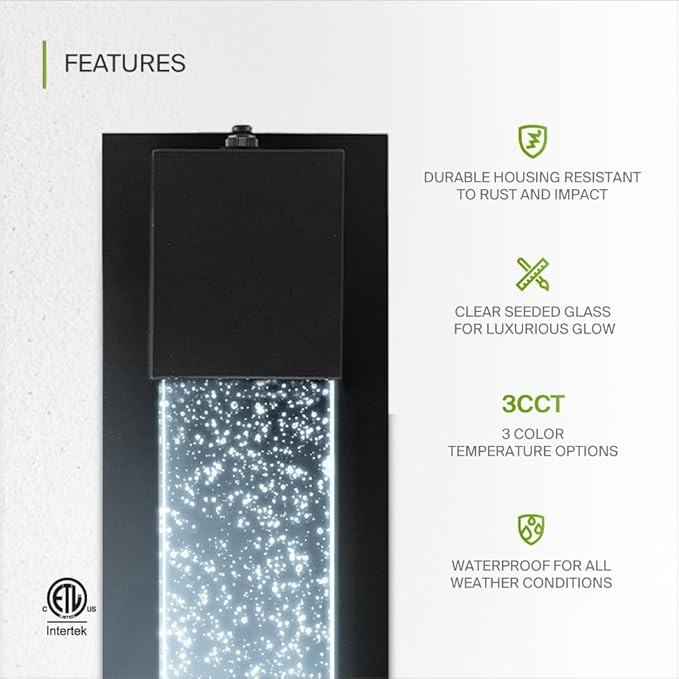 ASD LED 13" Bubble Glass Wall Light Fixture, Outdoor Dusk to Dawn Sconce | 3CCT, Waterproof, Photocell, ETL Listed | 12W 500LM 3000-5000K 120V | Exterior Lantern, Porch Lighting | Black