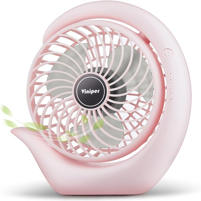 Viniper Battery Operated Fan, Usb Desk Fan : 180° Rotation and 3 Speeds Portable Office Fan, About 8-24 Hours Working for Office Home (Light Pink, Light Black Blade)