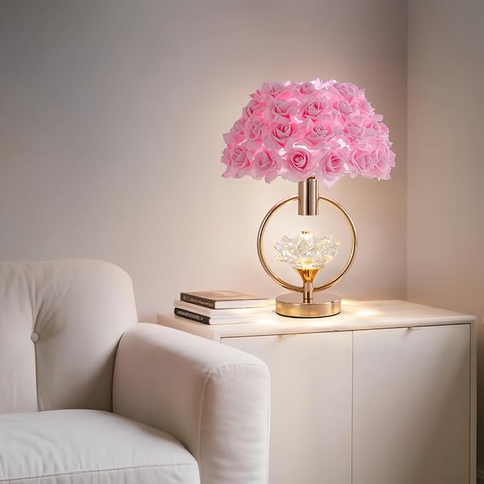 Modern Pink Rose Table Lamp with Crystal 17IN Romantic Flower Bedside Lamp Princess Nightstand Lamp Creative Desk Light for Girl Bedroom Living Room Entry Hotel Wedding Christmas Gift