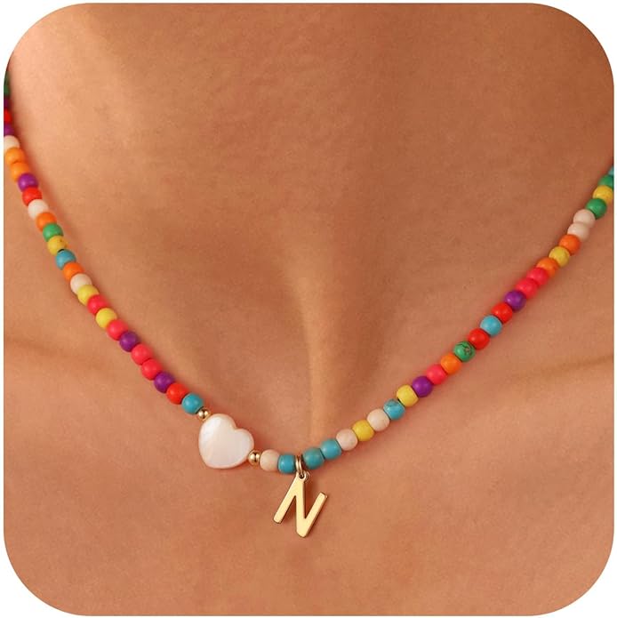 Ursteel Christmas Gifts for Teen Girls Women - Trendy Beaded Choker Necklace for Women Teenage Girls, Personalized Letter Initial Necklaces Christmas Gifts for Grandkids
