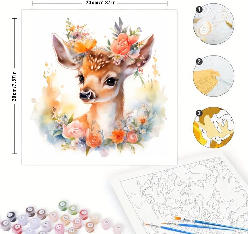 TAOPAOLAB Floral Baby Deer Digital Painting Kit for Adults - DIY Cute Fawn Oil Painting on Canvas 7.87x7.87in, Framed Acrylic Paint Kit, Good for Beginners, Woodland Nursery Wall Art or Gift - Image 2
