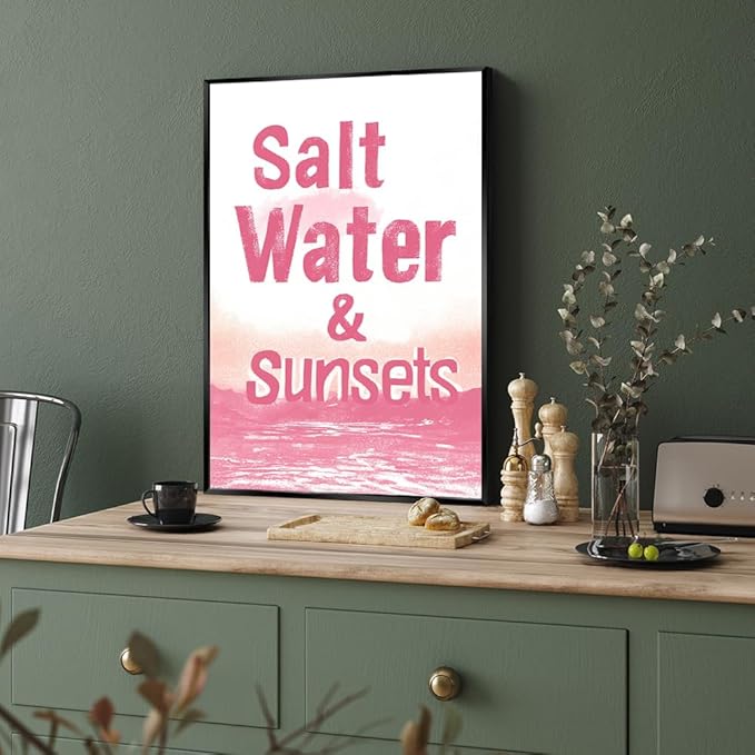 Metal Black Frame Dreamy Salt Water Sunsets Poster Pink Ocean Romantic Coastal Canvas Wall Art Seascape Beach Boho Decor Minimalist Print Aesthetic Picture for Living Room Decoration 16x24inch