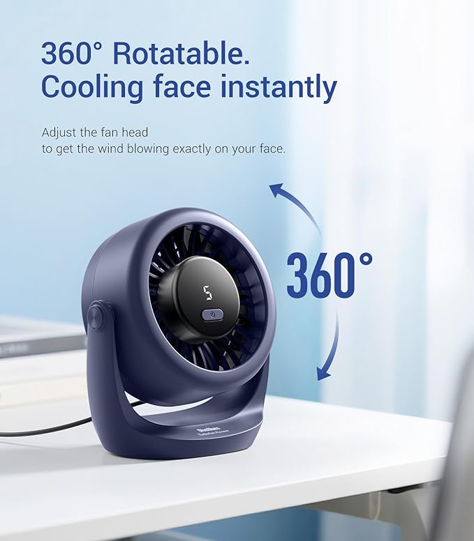 Diveblues USB Desk Turbo Fan, Ultra-Quiet Mini Desk Fan, Powerful Wind, LED Display, 5 Speed, 360° Rotating Small Portable Fan for Home, Office and Outdoor Cool Tech Gadgets - TurboBreeze