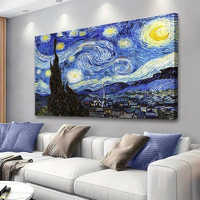 Starry Night, Vincent Van Gogh Canvas Wall art, Classic Paintings Framed Pictures Poster, Abstract Artwork Prints for Home Decor 32"x48"