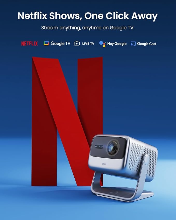 JMGO N1S Pro True 4K Triple Laser Projector, GTV, Netflix, 2250 ISO Lumens, Blu-ray 3D, Auto Focus, 300", 110% BT.2020, 1600:1 Contrast, HDR10, Dolby Digital Plus, 17ms Low Latency.