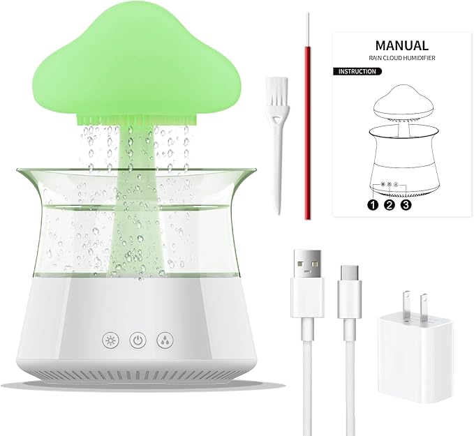 Rain Cloud Humidifier Water Drip - Mushroom Aroma Diffuser, Essential Oil Diffusers, 300ml White Noise Aromatherapy Diffusers with 7 Colors Cloud Lights for Home, Large Room, Office - White