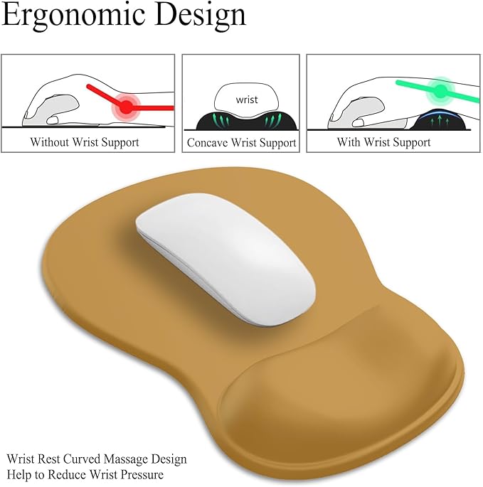Gel Mouse Pad with Wrist Rest, Ergonomic Concave Wrist Support Mousepad with Non-Slip PU Base & Smooth Surface Comfortable Desk Accessories Mat for Office, Home Gaming and Study (08 Golden Brown)