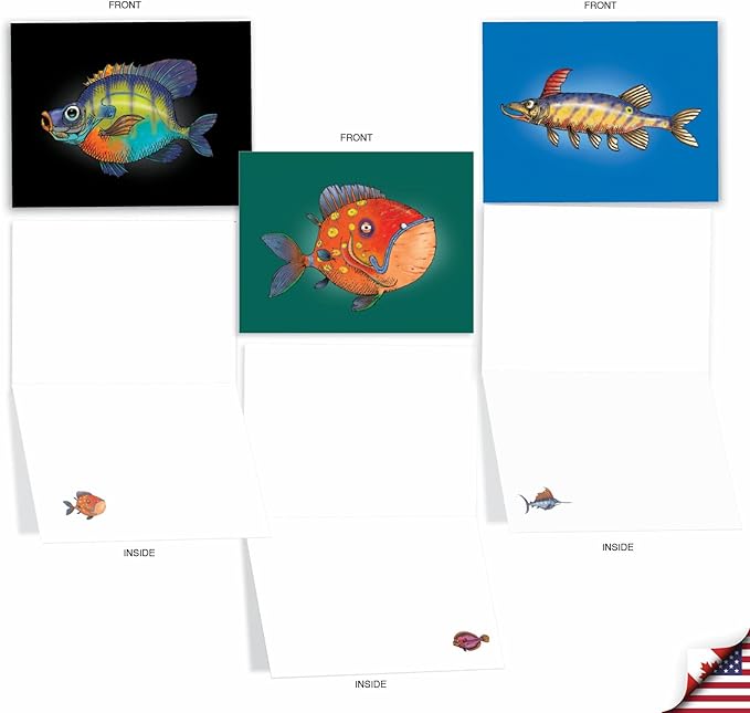 The Best Card Company - 10 All Occasion Blank Cards for Men and Women (4 x 5.12 Inch) - Nautical, Ocean, Sea Life Assortment of Notecards - Fishtoons M6491OCB