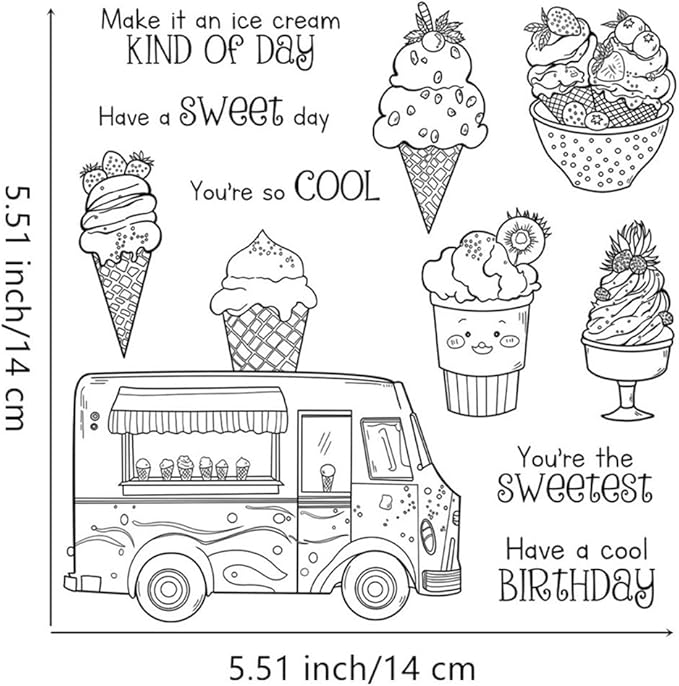 Ice Cream Cart Cones Stamps and Cutting Dies for Card Making DIY Transparent Silicone Clear Stamp and Metal Die Cuts Sets for Scrapbooking Paper Greeting Cards Decor Seals Craft Supplies