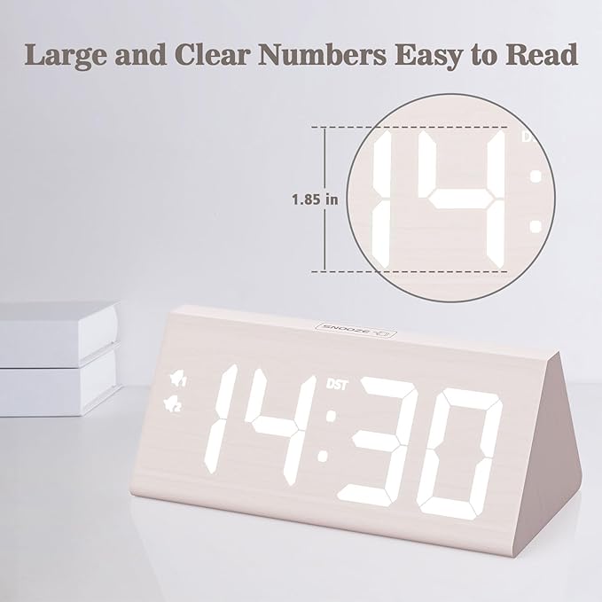 Wooden Digital Alarm Clock with Dual USB Charging Ports, DST, Dimmable, Snooze, Modern Large Time Display LED Clock for Kids Bedrooms, Living Room, Desk, Table, Bedside, Nightstand (White)