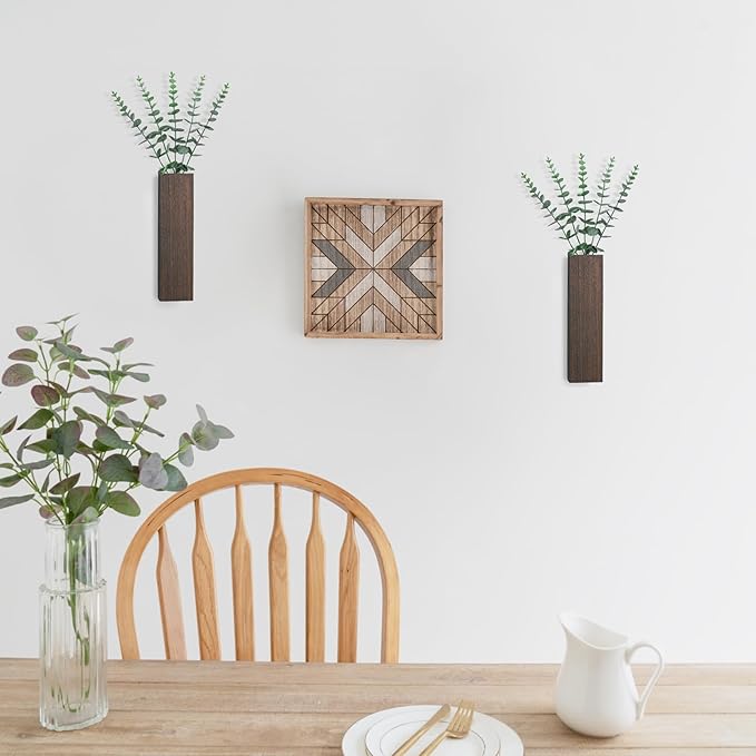 Dahey 2 Pack Small Wood Wall Planter Vase with Artificial Eucalyptus Farmhouse Wall Hanging Decor Planter for Indoor Fake Plants Greenery, Living Room Bedroom Kitchen Home Office Decoration, Brown