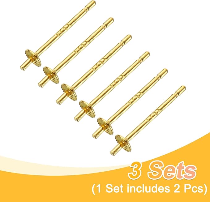 uxcell 3 Set 925 Sterling Silver Earring Posts, Pearl Cup Pad Earring Stud Blanks for DIY Earrings Jewelry Making Findings, Gold Plated, 2.5mm/0.1" Cup Size
