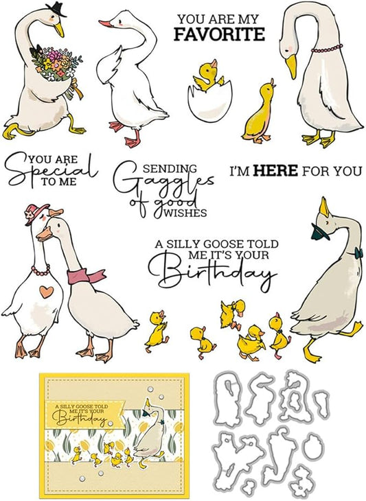 Lovers Goose Flower Stamps and Cutting Dies for Card Making DIY Transparent Silicone Clear Stamp and Metal Die Cuts Sets for Scrapbooking Paper Greeting Cards Decor Seals Craft Supplies