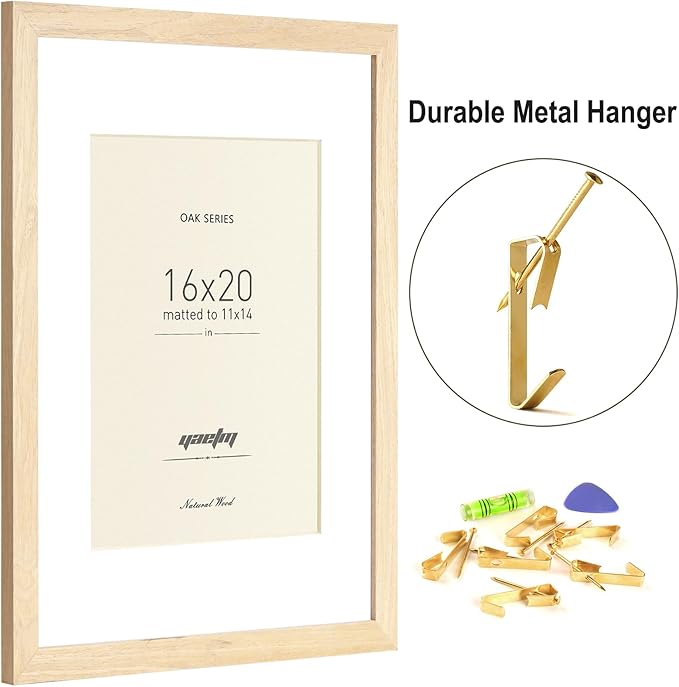 Yaetm Oak Wood 16x20 Frame with Mat for 11x14 Set of 3, Natural Solid Wood 16x20 Picture Frame, Wide Molding, Wall Decor for Office, Gallery & Home (3 pack, Oak)