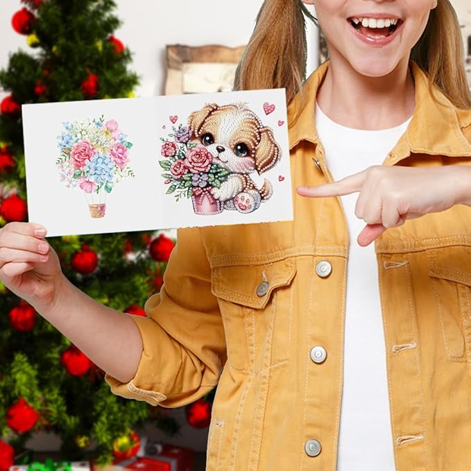 Ceitura 6Pcs DIY Diamond Art Painting Crafts Rhinestone Painting Greeting Card Making Kit Postcard for Holiday Christmas New Year Party Favors (Flower Puppy)