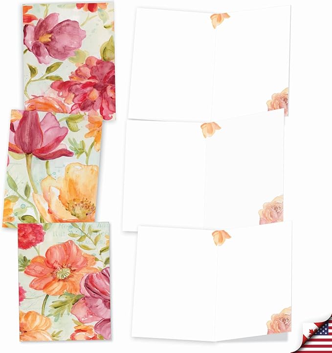 The Best Card Company - 10 Boxed Note Cards with Flowers - Blank Assorted Floral Notecards Bulk (4 x 5.12 Inch) - Warm Blossoms M1715BN
