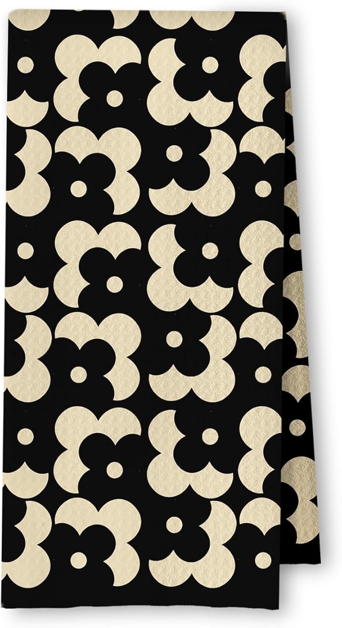 Beige and Black Moroccan Kitchen Towels, Boho Abstract Dish Tea Towels for Kitchen Decor, Retro Mid Century Modern Hand Towel for Bathroom Decor, 16x24 Inches