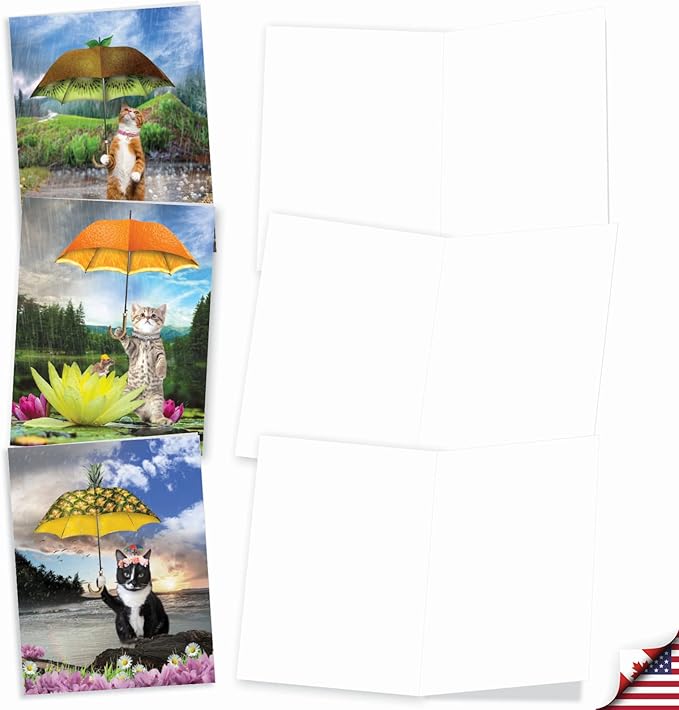 The Best Card Company - 10 All Occasion Blank Cat Cards (4 x 5.12 Inch) - Cute Assorted Bulk Card Set - Fruit Cat AM6323OCB-B1x10