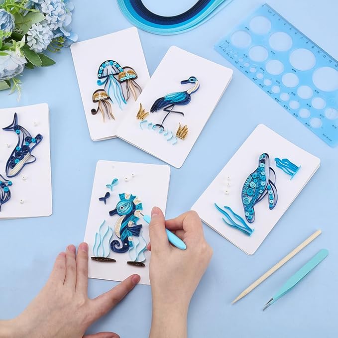 WEBEEDY 20 Sets Paper Quilling Kit for Adults Beginners 5 Styles Sea Animals Quilling Greeting Card Making Kit with Instruction DIY Turtles Dolphins Flamingos Jellyfish Seahorses Cards for Birthday
