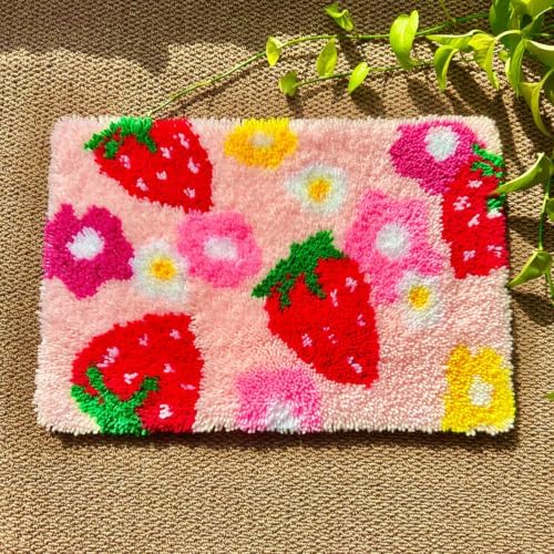MeoobkCraft Latch Hook Kits for Adults Beginners, Pre-Printed Strawberry Floral Latch Hook Rug Kit, Aesthetic Pink Fruit Flower DIY Rug Craft Kit for Home Decor 20.47 x 14.96 in - Image 2