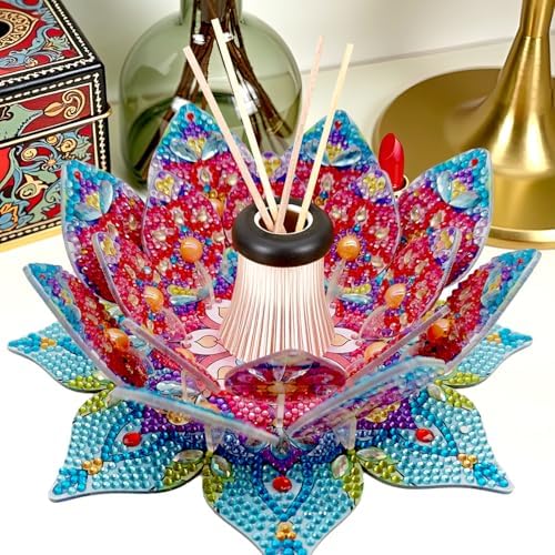 jinglinhh DIY Mandala Lotus Diamond Art Painting Aromatherapy Candle Holder Kit for Adults, Acrylic Diamond Art Tabletop Candlestick Holder Tray Ornaments Craft Project for Beginners(Red Lotus) - Image 3