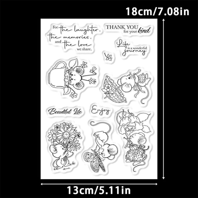 Mouse Holding Flowers Stamps and Cutting Dies for Card Making DIY Transparent Silicone Clear Stamp and Metal Die Cuts Sets for Scrapbooking Paper Greeting Cards Decor Seals Craft Supplies